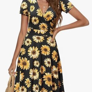 MS BASIC Sunflower Sundress. V-Neck, Knee-length. Yellow, Black, White.